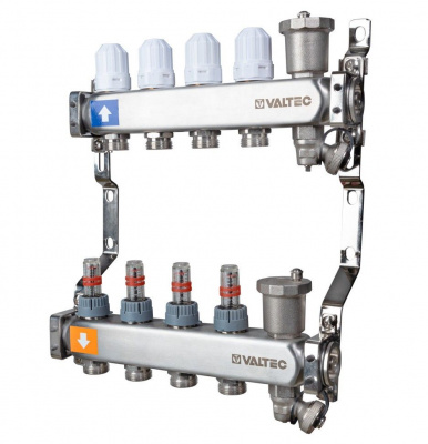 Коллекторная группа VALTEC нерж с регулировочными клапанами и расходомерами 1", 4 выхода x 3/4", "евроконус" VTc.579.EMNX.0604